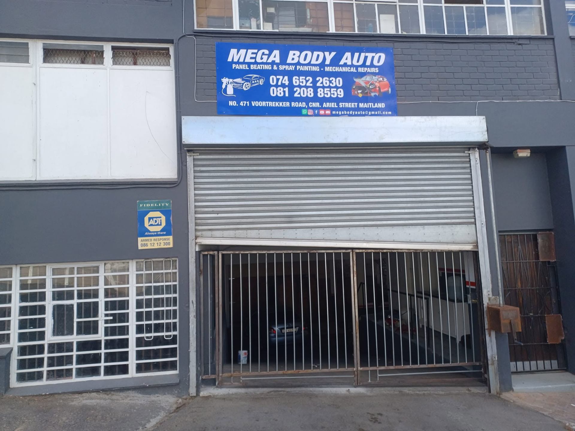 Mega Body Auto workshop exterior at 471 Voortrekker Road, corner Ariel Street, Maitland, Cape Town — panel beating, spray painting and mechanical repairs